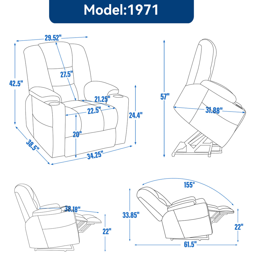 EMON'S Large Power Lift Recliner Chair with Massage and Heat for Elderly, Overstuffed Wide Recliners, Heavy Duty Motion Mechanism with USB and Type C Ports, 2 Steel Cup Holders, Gray - Grand Goldman Shop