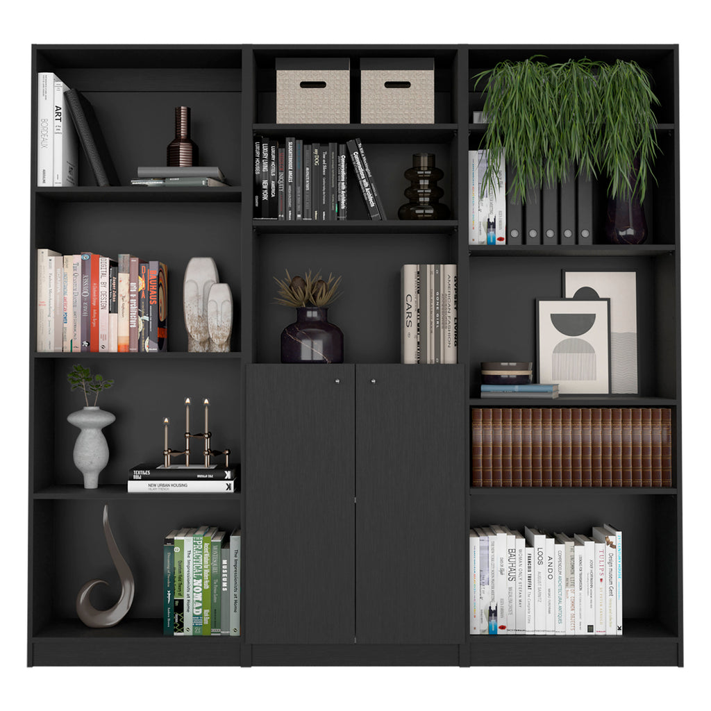 Aynor 3 Piece Home Bookcase set, 74' Wide with 12 Shelves and Two-Door Cabinet ,  Living Room Set Set  Black - Grand Goldman