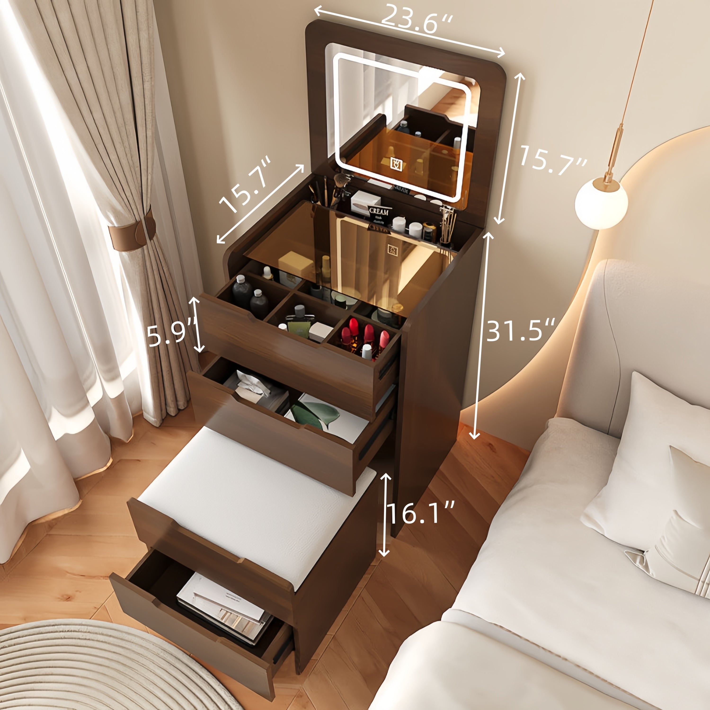 (60cm) 3 in 1 Vanity Desk with Plip Top Mirror, Small Make Up Vanity Set with Visible Glass Desktop, Compact Makeup Vanity with 3 Drawers, Dressing Table for Bedroom (Walnut Color) - Grand Goldman Shop