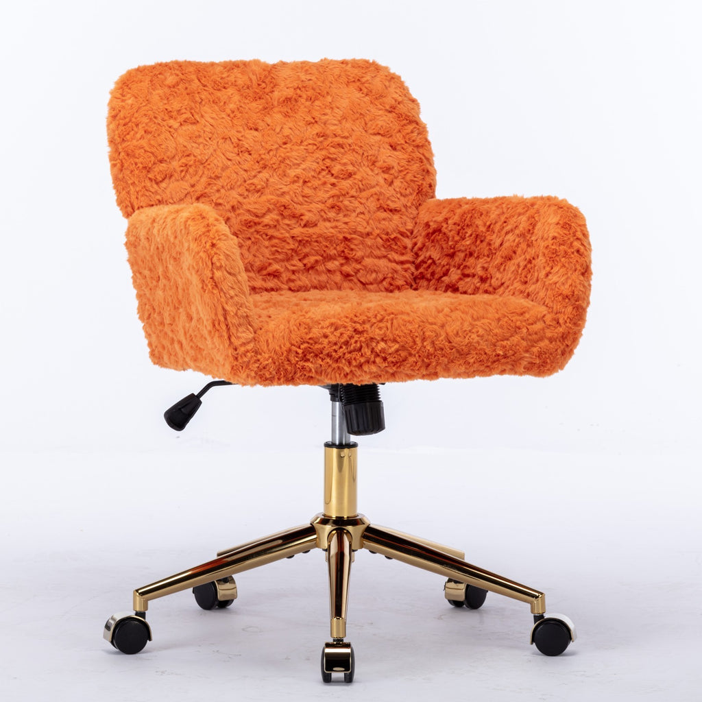 A&A Furniture Office Chair, Artificial Rabbit Hair with Golden Metal Base, Adjustable Swivel Desk Chair, Orange | Premium Hom
