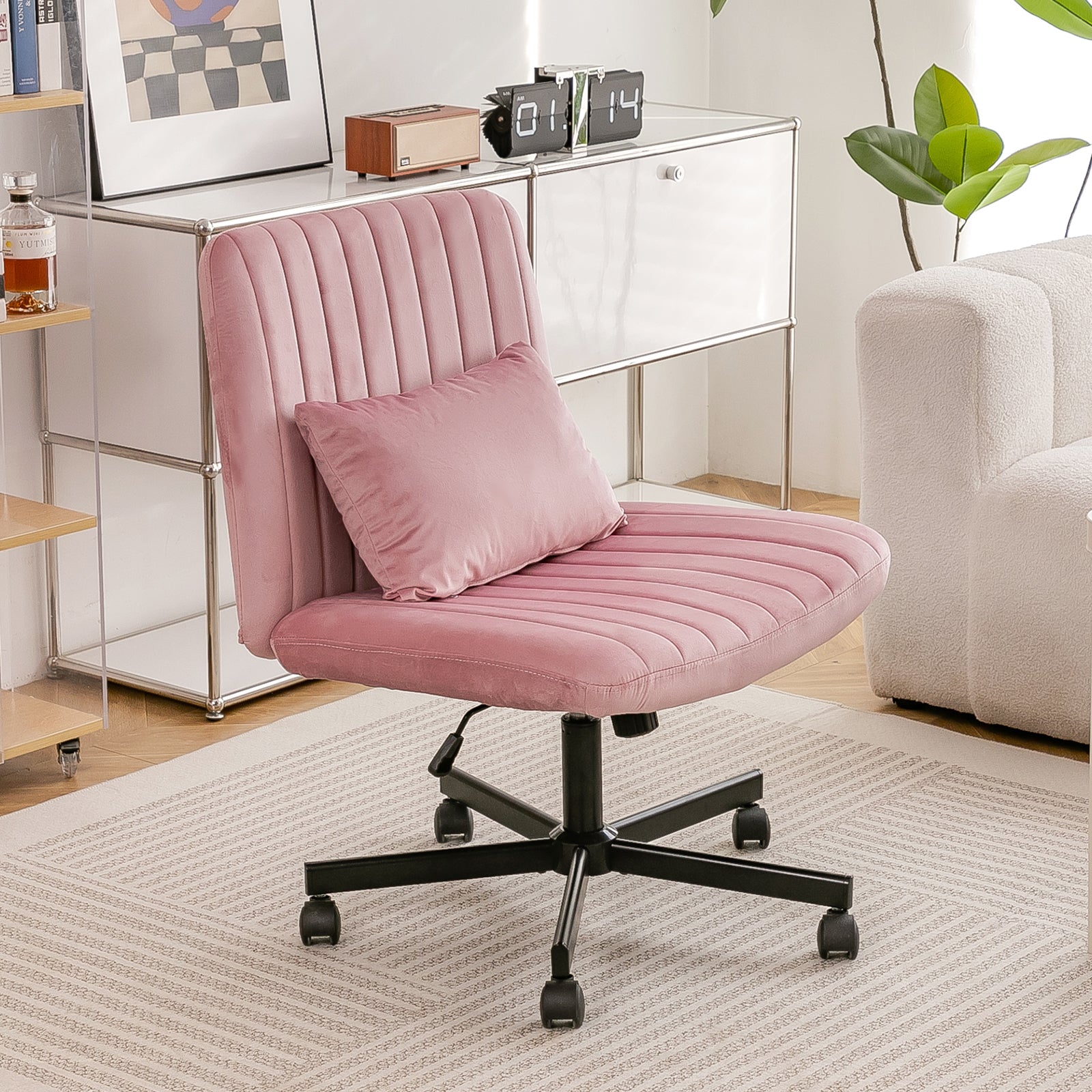Light Pink Velvet Criss Cross Armless Office Chair with Wheels - Comfortable & Stylish for Home Office, Meditation, and Makeu