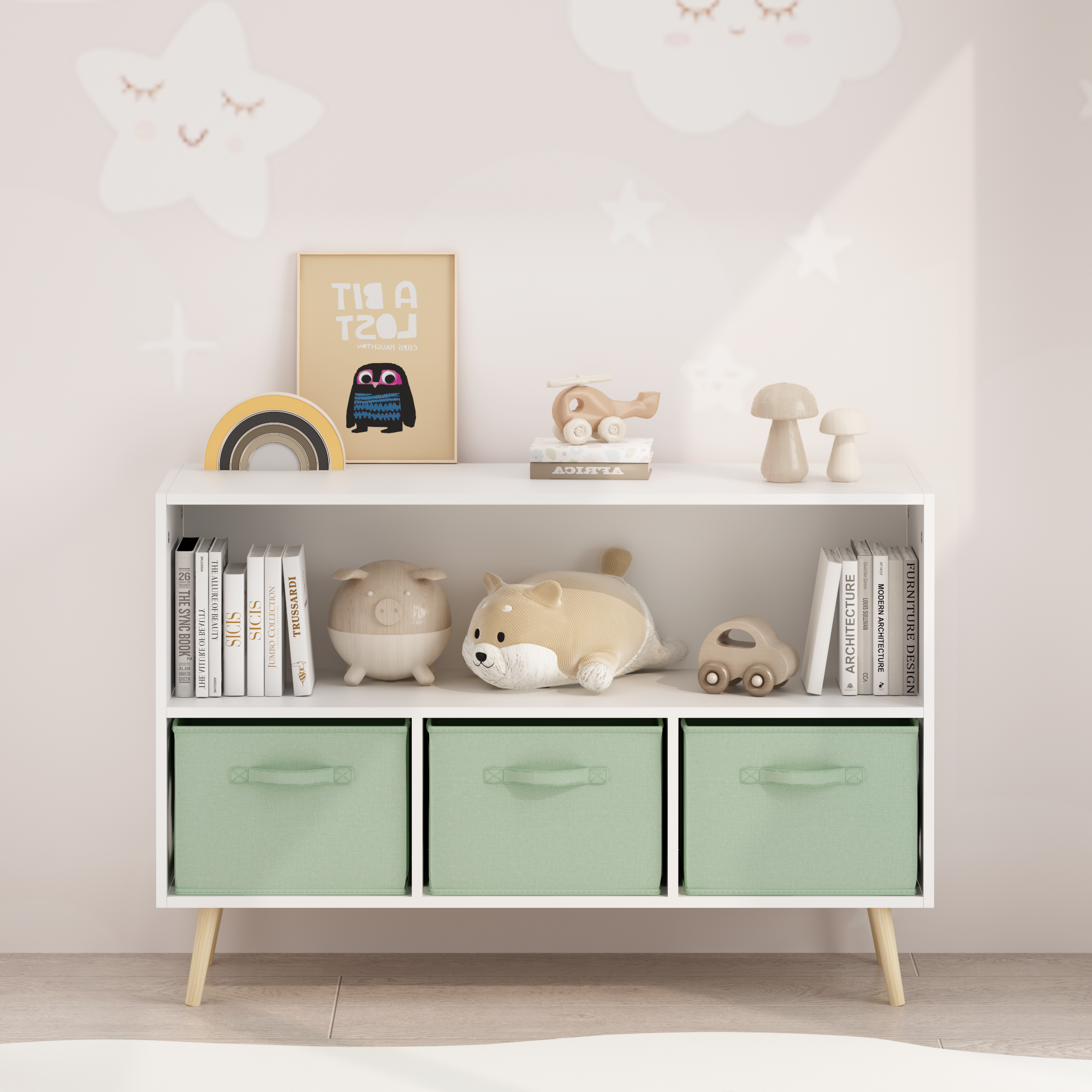 Kids bookcase with Collapsible Fabric Drawers, Children's Book Display, Toy Storage Cabinet Organizer, White/Green | Premium 