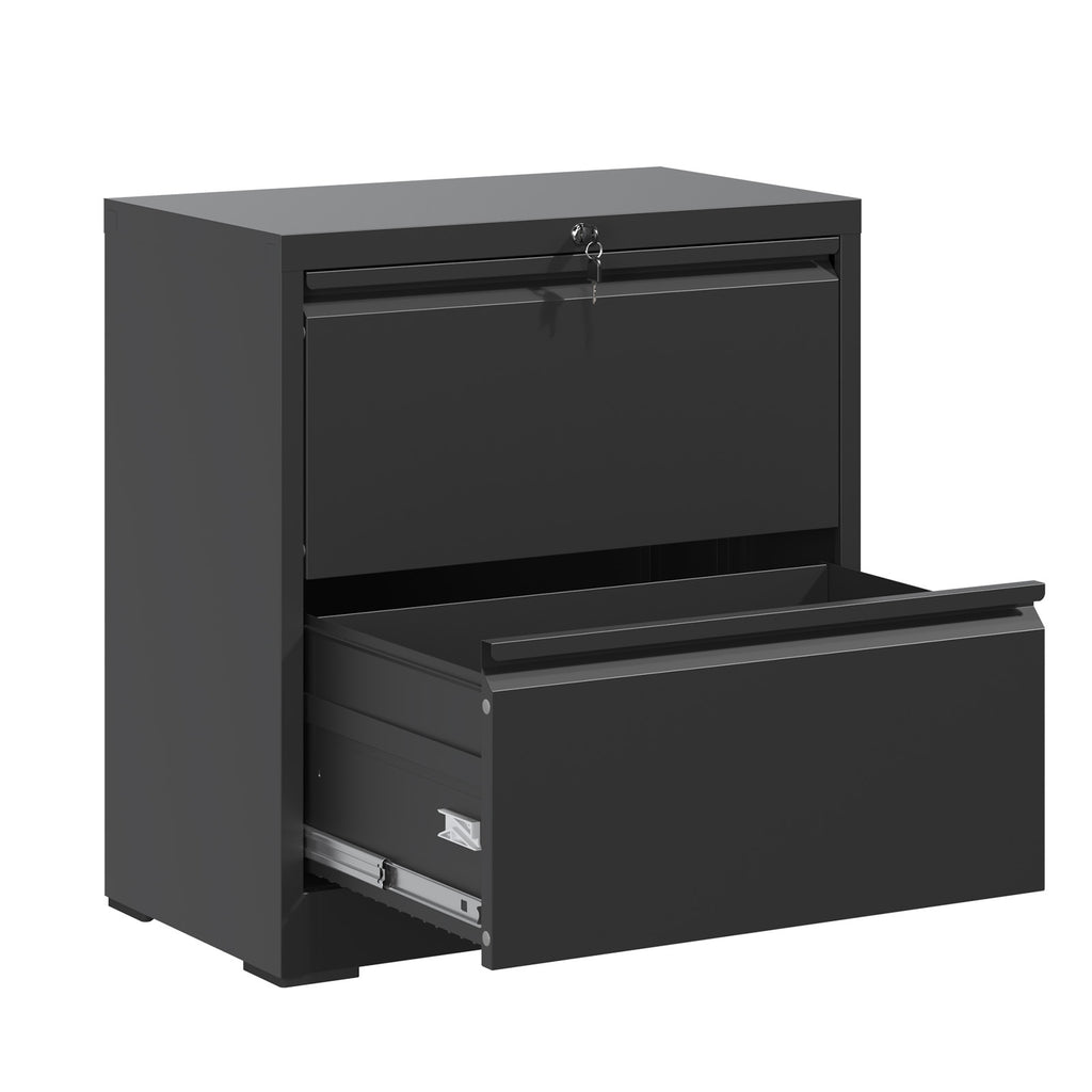 Premium 2 Drawer Metal Lateral File Cabinet with Lock, Black Steel Wide Horizontal Filing Cabinets for Home Office - Grand Go