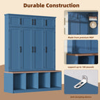 Farmhouse Hall Tree with 4 Hidden Hanging Hooks, Versatile Walnut Seating Bench with 8 Doors, Entryway Shoe Cabinet with Open Compartment for Living Room, Blue (OLD SKU:N721S000059C) - Grand Goldman Shop