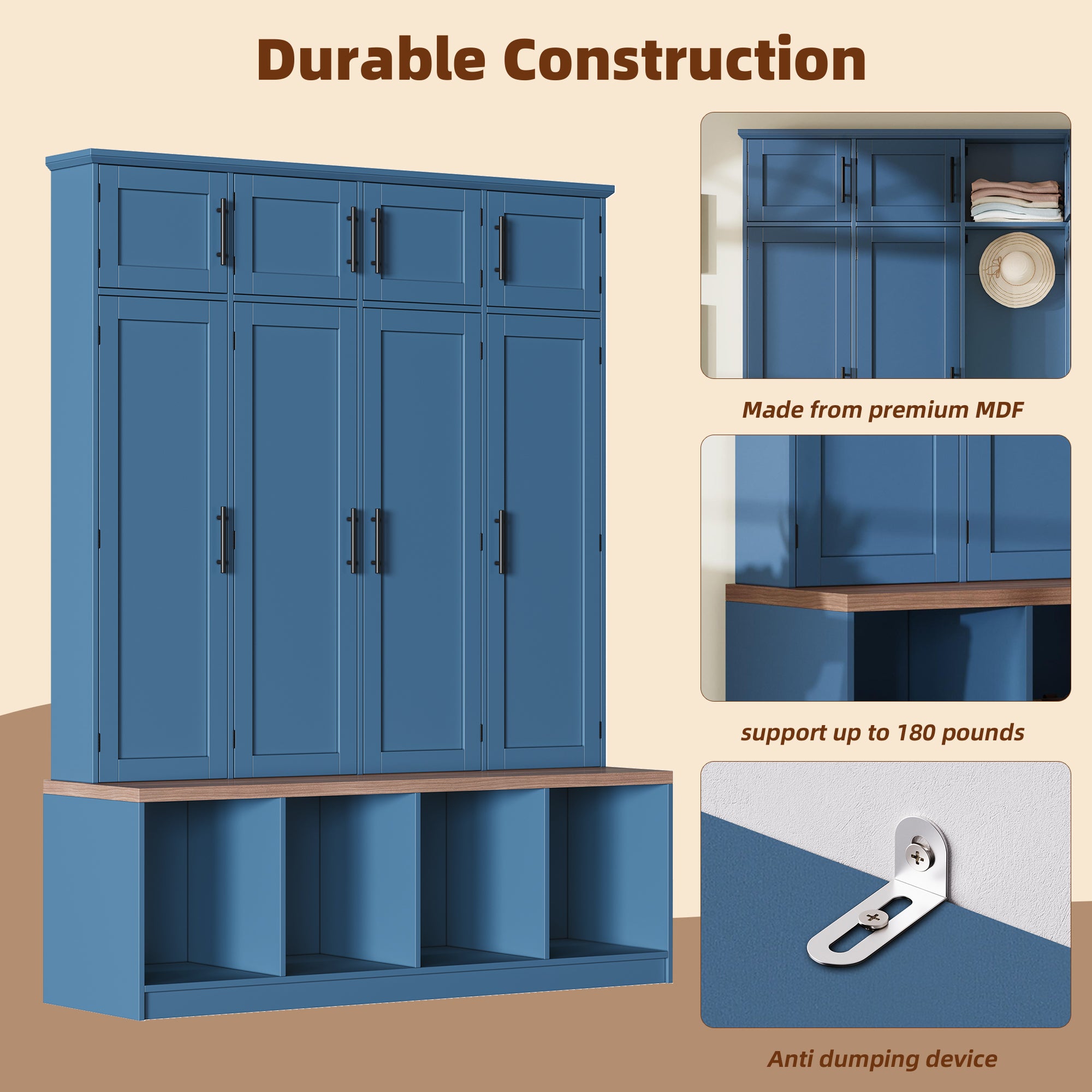 Farmhouse Hall Tree with 4 Hidden Hanging Hooks, Versatile Walnut Seating Bench with 8 Doors, Entryway Shoe Cabinet with Open Compartment for Living Room, Blue (OLD SKU:N721S000059C) - Grand Goldman Shop