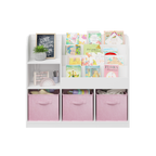 Kids Bookcase and Bookshelf with 3 Collapsible Fabric Drawers, Multifunctional White/Pink Display Stand for Bedroom, Playroom