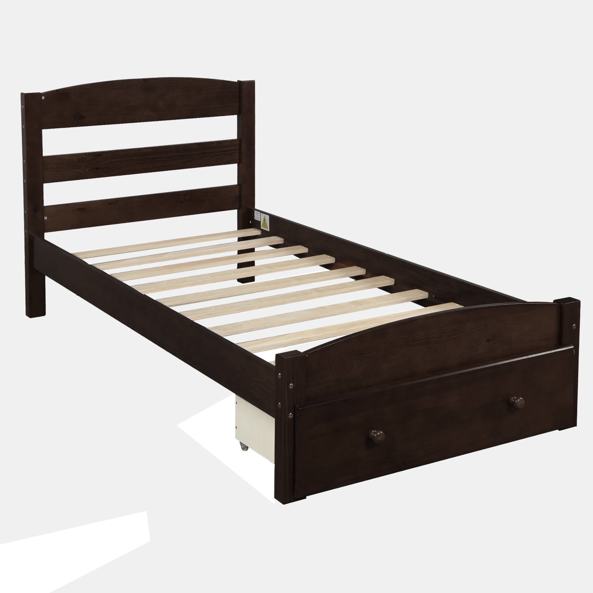 Espresso Platform Twin Bed Frame with Storage Drawer and Wood Slat Support, No Box Spring Needed - Grand Goldman Shop