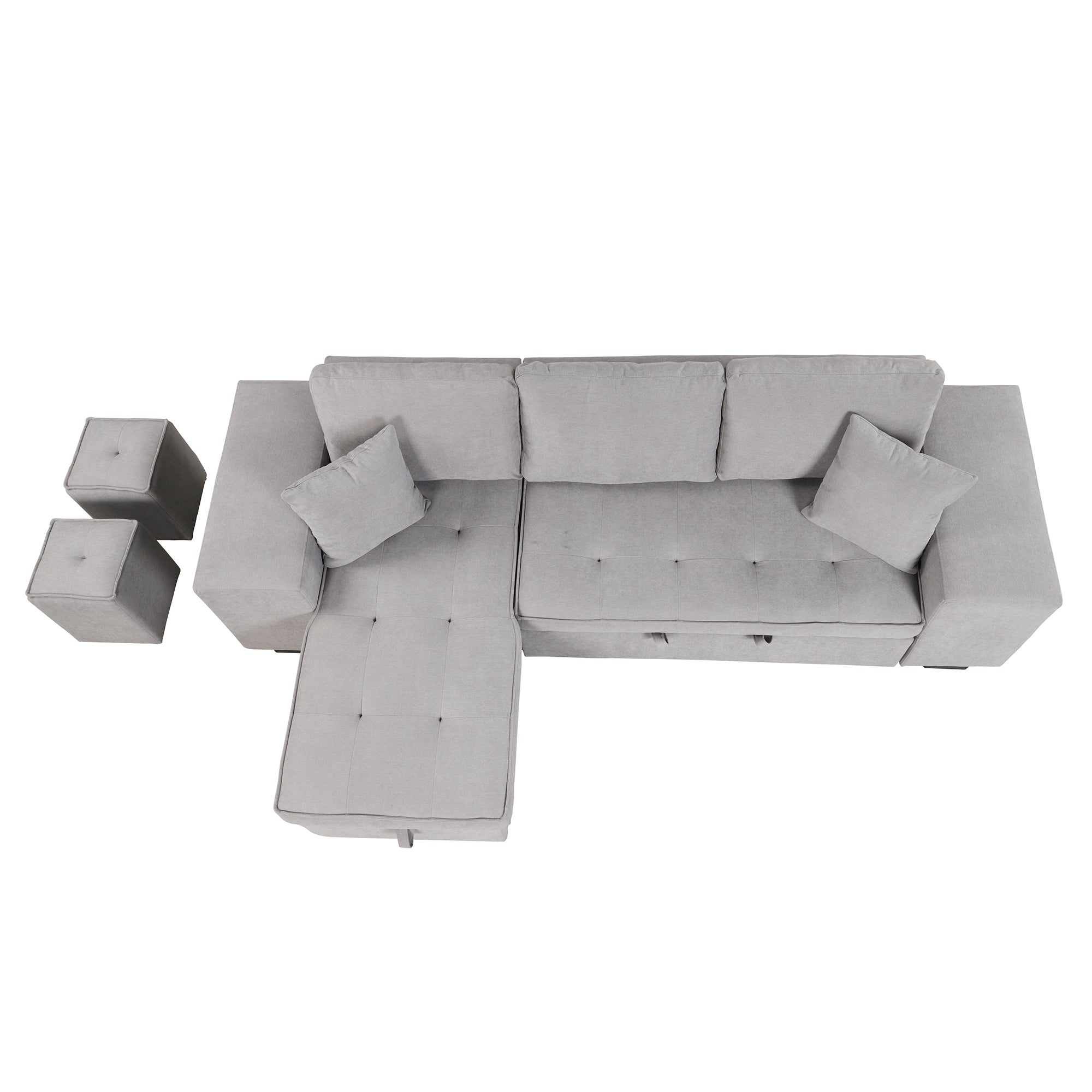 Modern Reversible L-Shape Pull Out Sleeper Sofa with Storage Chaise and Stools, Gray Linen, 104.5' - Grand Goldman Shop