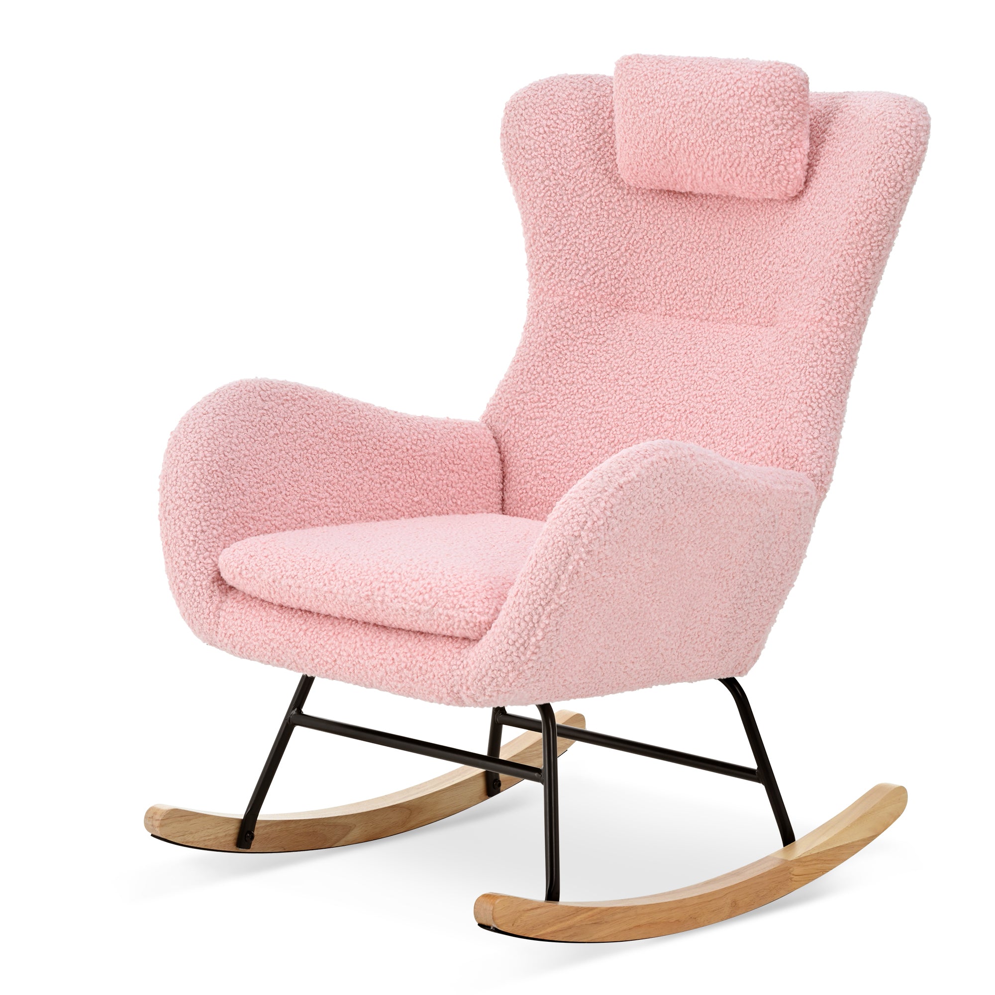 Rocking Chair Nursery, Teddy Upholstered Rocker Glider Chair with High Backrest, Adjustable Headrest & Pocket, Comfy Glider Chair for Nursery, Bedroom, Living Room, Offices, Rubber wood, pink - Grand Goldman Shop