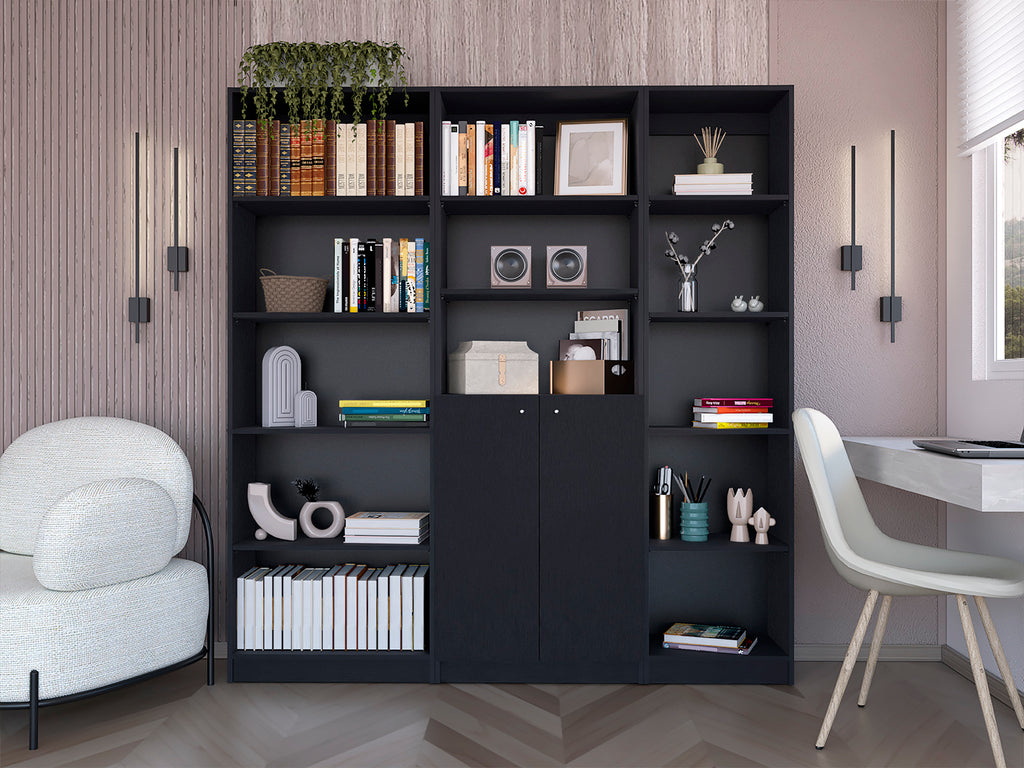 Poston 3 Piece Home Bookcase set, 67' Wide with 13 Shelves and Two-Door Cabinet ,  Living Room Set Set  Black - Grand Goldman
