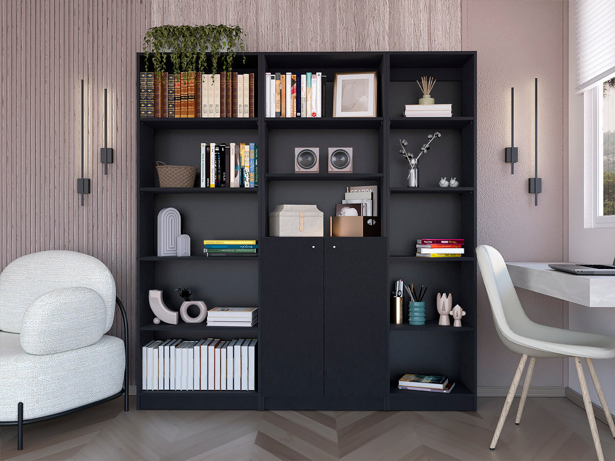 Poston 3 Piece Home Bookcase set, 67' Wide with 13 Shelves and Two-Door Cabinet ,  Living Room Set Set  Black - Grand Goldman