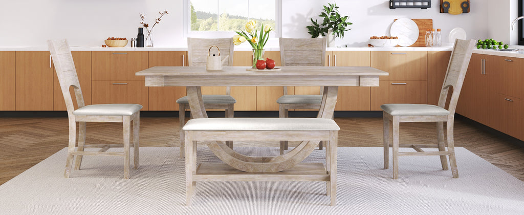 TOPMAX Modern Style Natural Wood 6-Piece Dining Table Set with Bench and Chairs, Upholstered Seats, Rubberwood Frame - Grand Goldman Shop