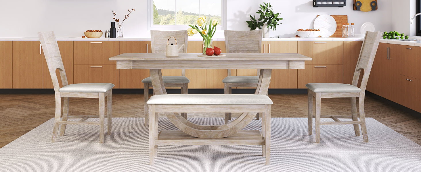TOPMAX Modern Style Natural Wood 6-Piece Dining Table Set with Bench and Chairs, Upholstered Seats, Rubberwood Frame - Grand Goldman Shop