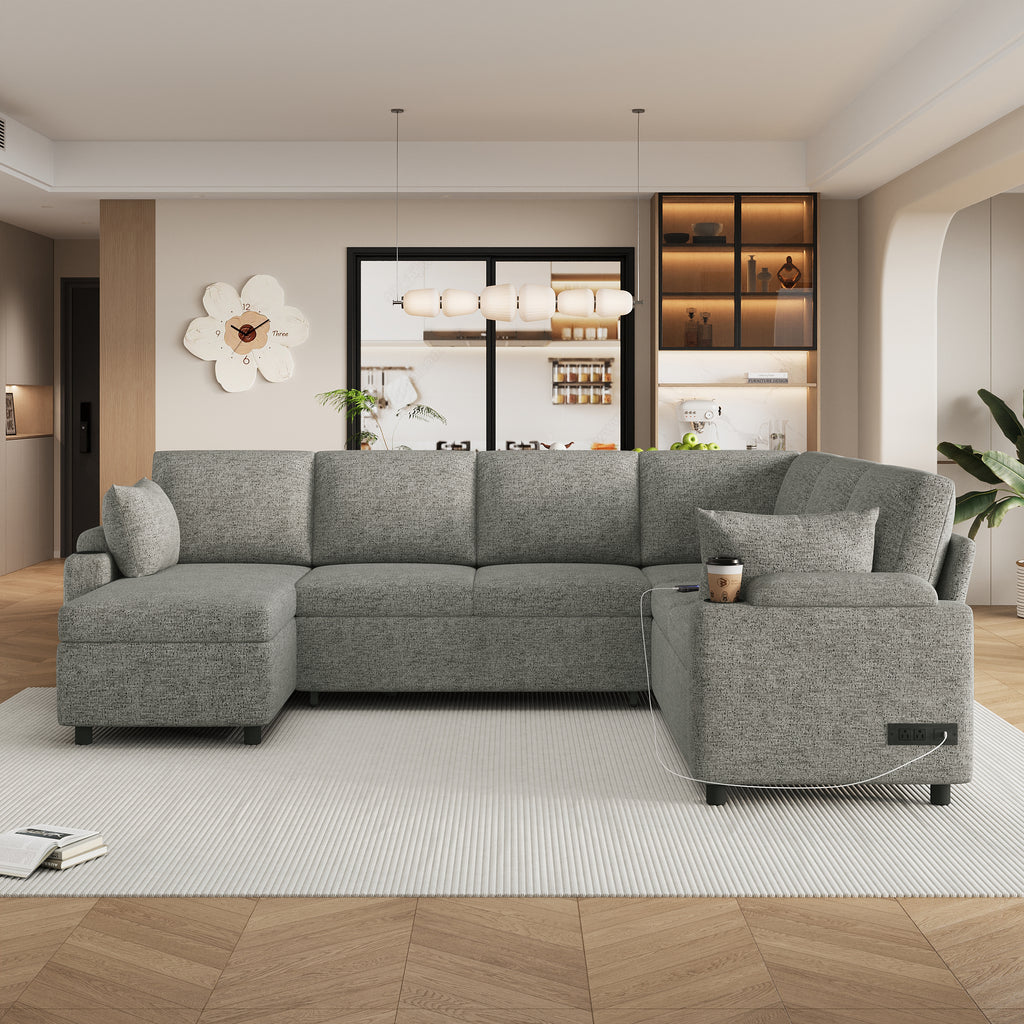 Versatile Light Grey Chenille Sectional Sofa Bed with Storage, Cup Holders & Charging Ports, 109.9' - Grand Goldman Shop