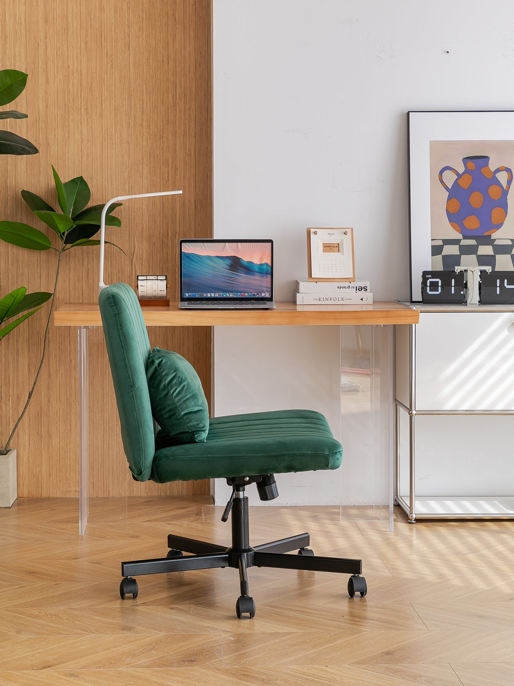 Green Velvet Criss Cross Armless Office Chair with Wheels - Comfortable & Stylish for Home Office, Meditation, and Makeup Use