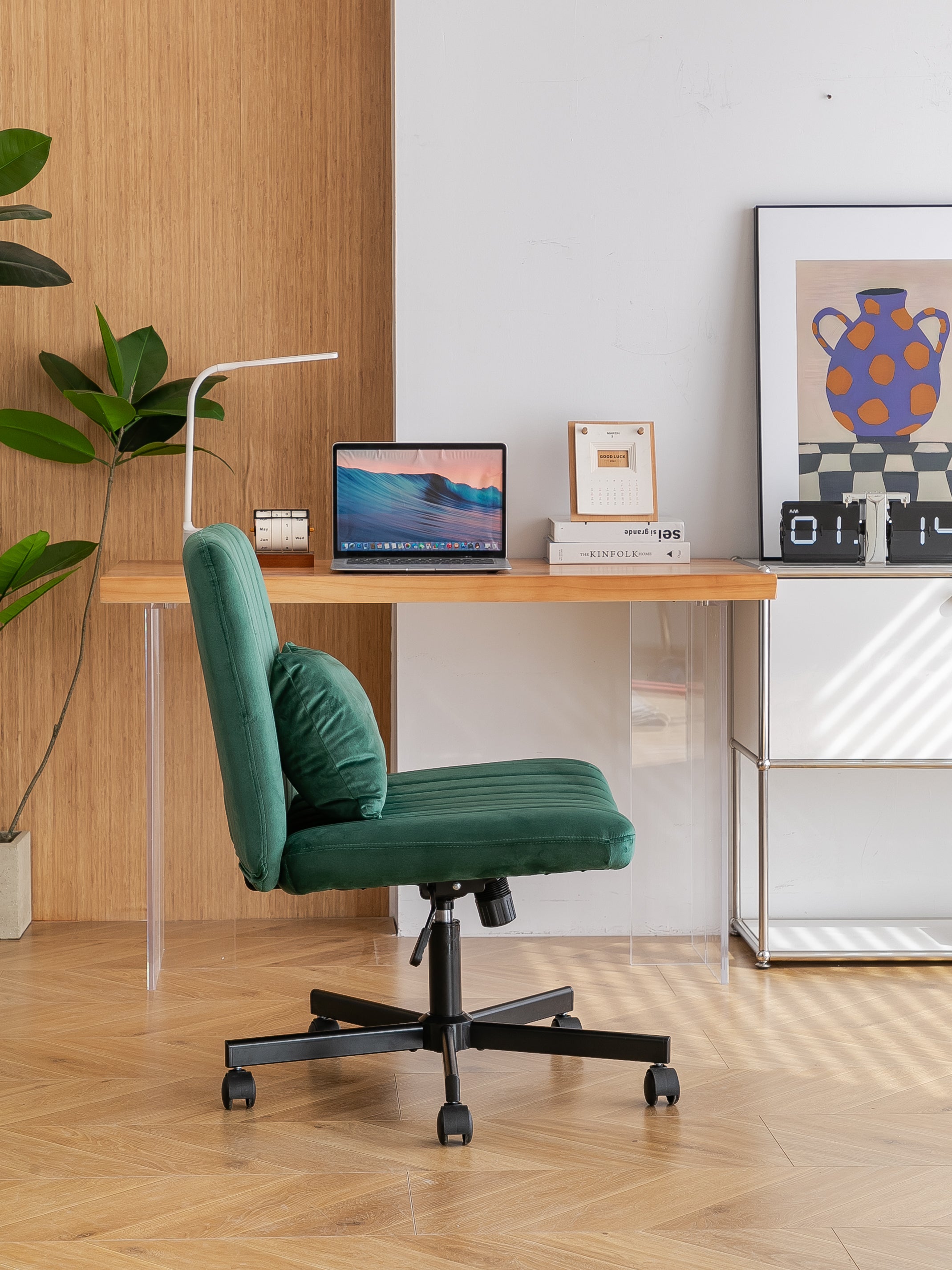 Green Velvet Criss Cross Armless Office Chair with Wheels - Comfortable & Stylish for Home Office, Meditation, and Makeup Use