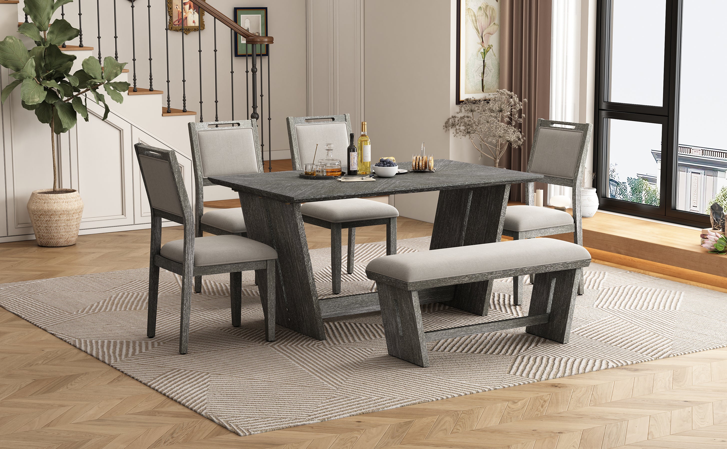 TREXM 6-Piece Retro Dining Table Set for 6, 60' Wood Kitchen Table and Chairs Set of 4 with Bench Designed Trestle Base for kitchen & Dining Room (Gray) - Grand Goldman Shop