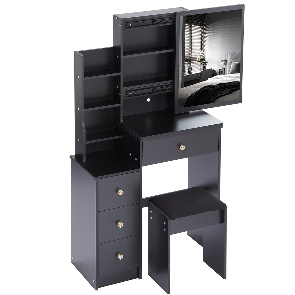 29.2' Small Space Left Bedside Cabinet Vanity Table + Cushioned Stool, Extra Large Right sliding mirror, Multi Layer High Capacity Storage, Practical Fashionable Dresser, Suitable For Small Space - Grand Goldman Shop