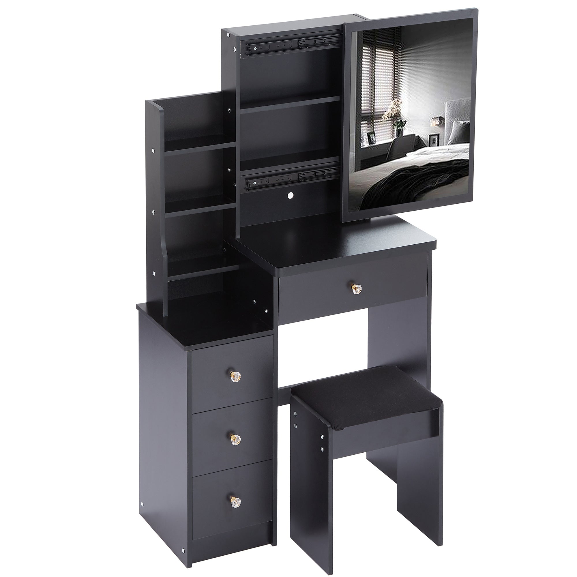 29.2' Small Space Left Bedside Cabinet Vanity Table + Cushioned Stool, Extra Large Right sliding mirror, Multi Layer High Capacity Storage, Practical Fashionable Dresser, Suitable For Small Space - Grand Goldman Shop