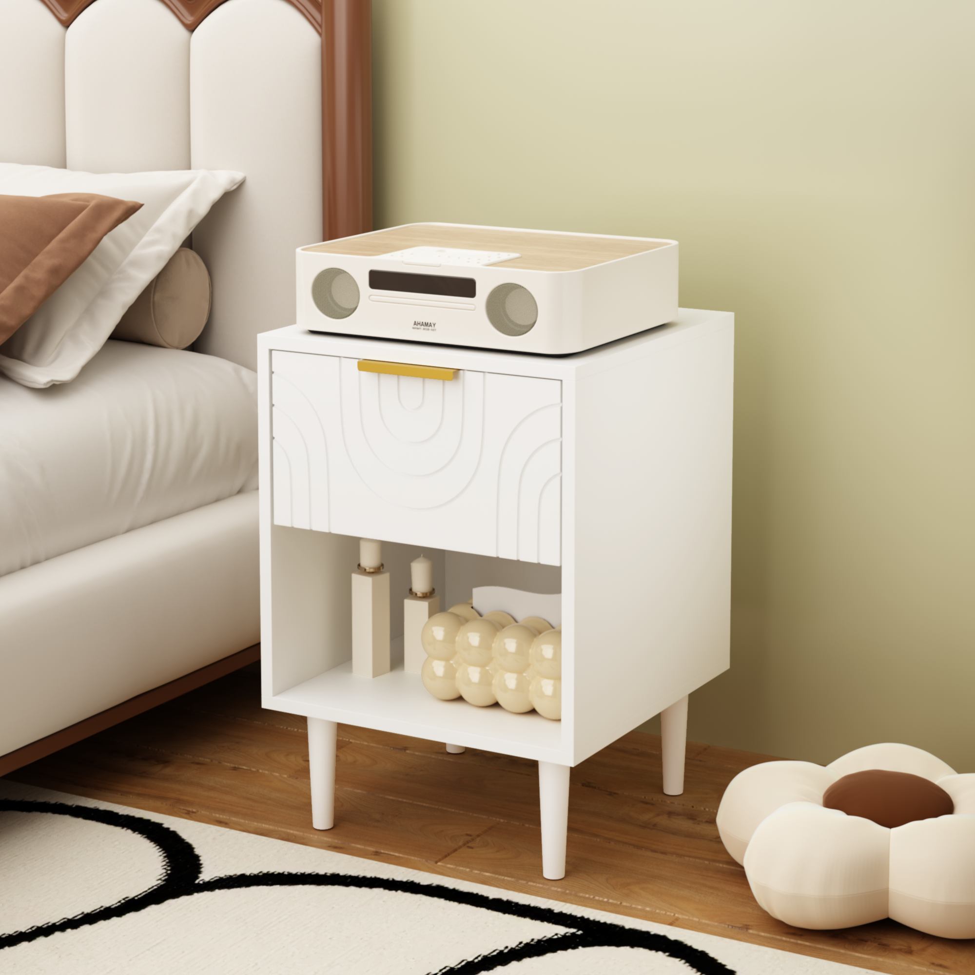 Modern White Nightstand with One Drawer and Open Shelf, Gold-Accented Handle, 22.83'' H, MDF, White - Grand Goldman Shop