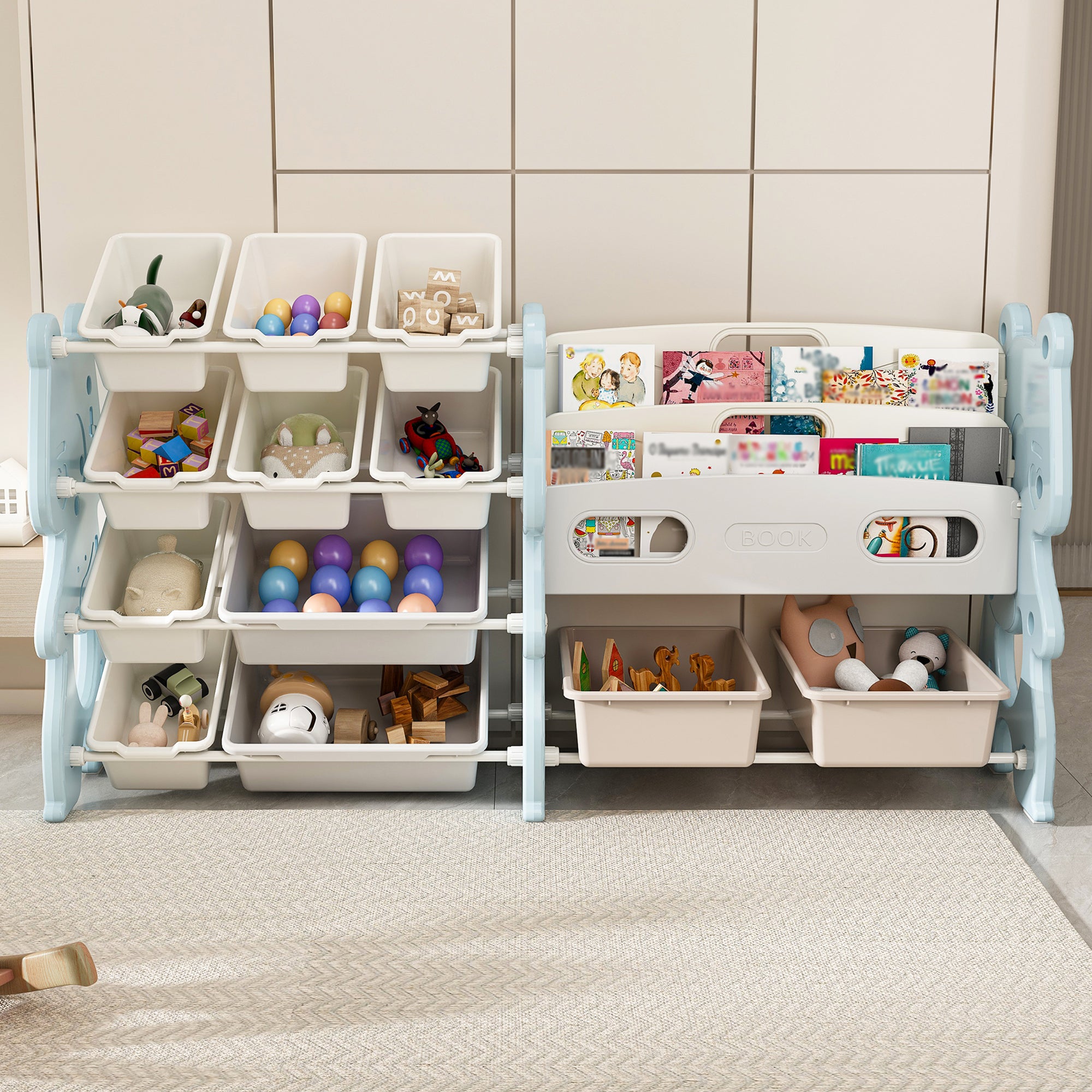 Kids Toy Storage Organizer with 2 Tier Bookshelf, Toy Storage with 12 Bins, Blue Polyethylene, 56.10 x 14.17 x 33.86 inches - Grand Goldman Shop