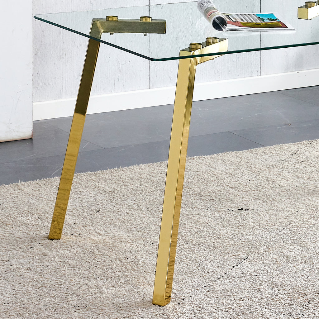 Modern minimalist style rectangular glass dining table with tempered glass tabletop and golden metal legs, suitable for kitchen, dining room, and living room, 51 ' * 31.5 ' * 29.5 '   1123 - Grand Goldman Shop