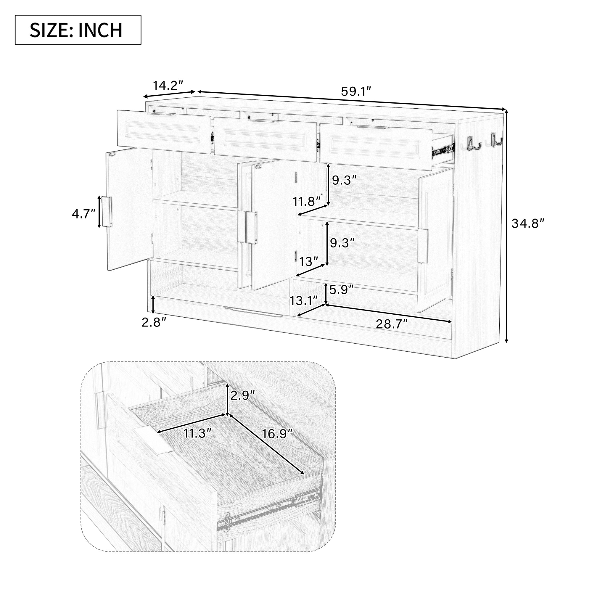 U-Style Farmhouse Sideboard with 3 Drawers & 4 Doors,59.1' Multi-Functional Storage Buffet with Adjustable Shelf and Open Storage Compartments, Suitable for Dining Room, Living Room, Entryway. - Grand Goldman Shop