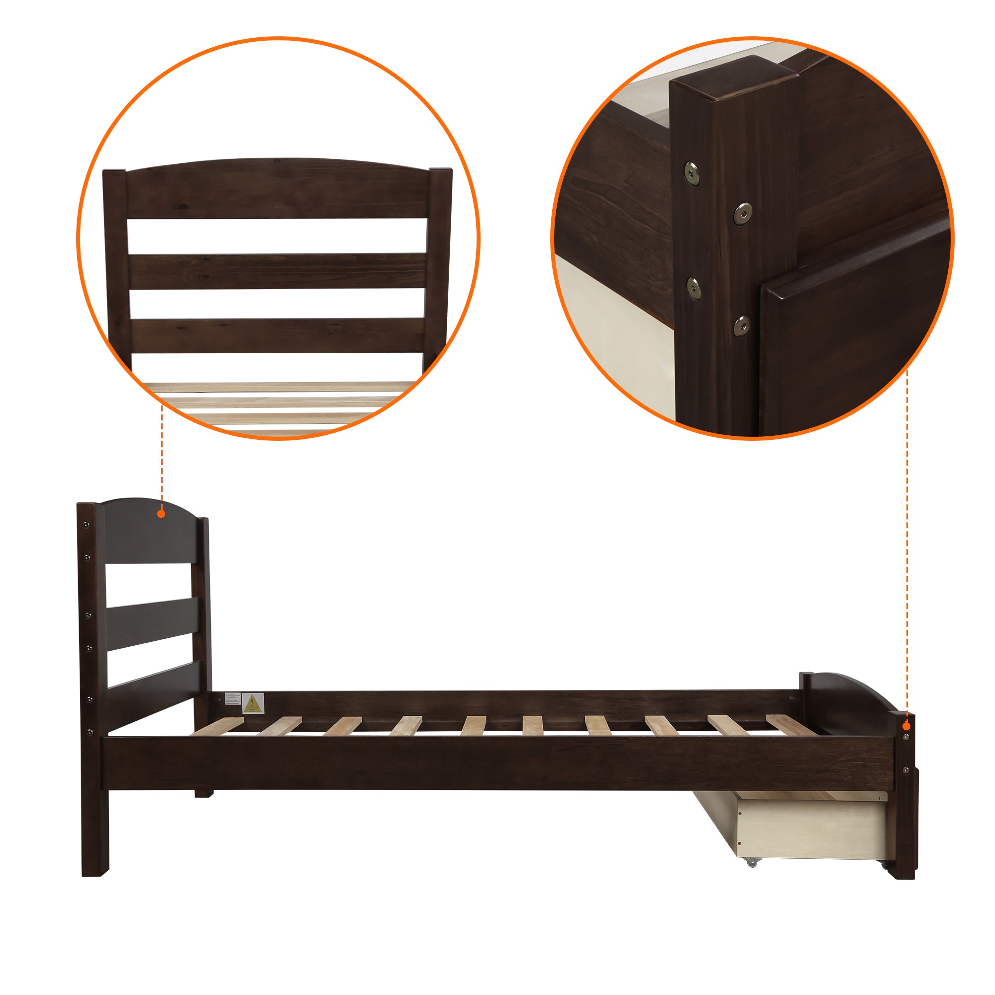 Espresso Platform Twin Bed Frame with Storage Drawer and Wood Slat Support, No Box Spring Needed - Grand Goldman Shop