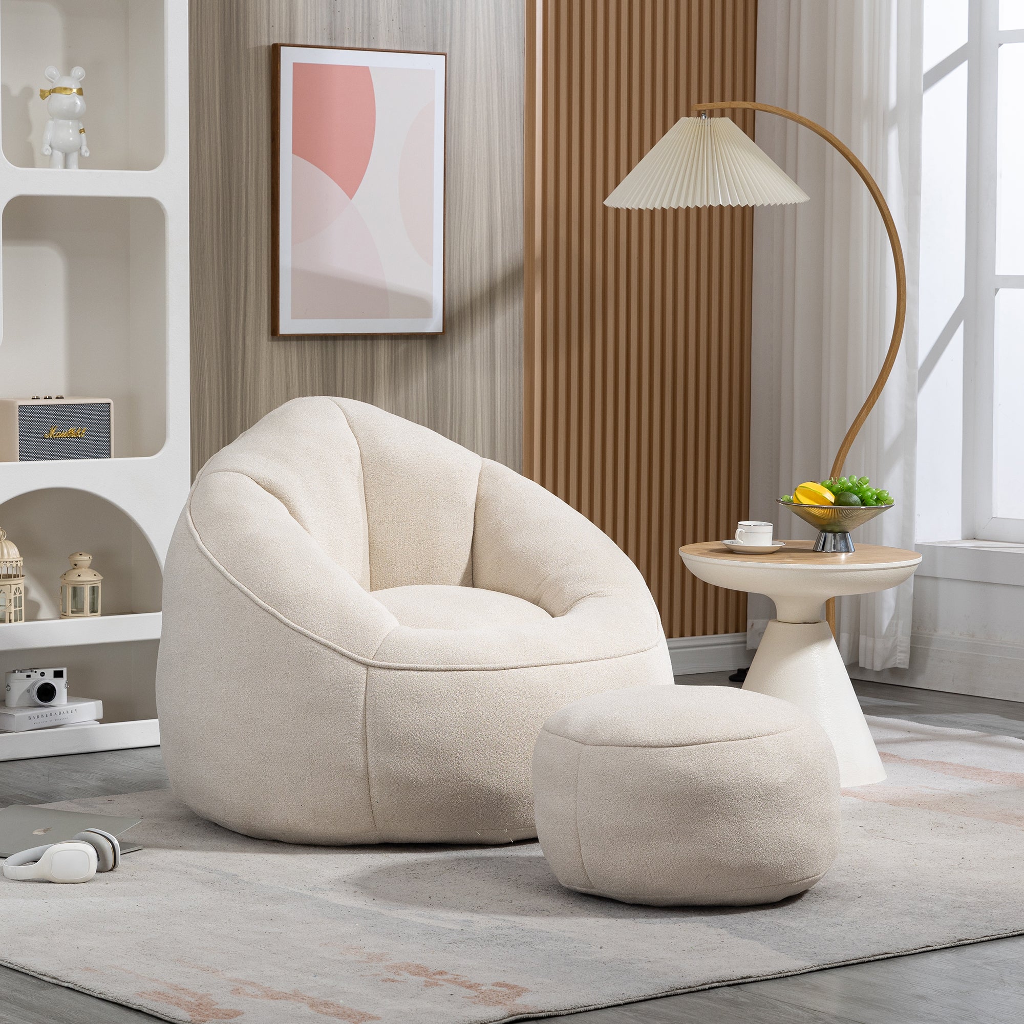 Bedding Bean Bag Sofa Chair with High-Pressure Foam and Footrest, Beige Microfiber - Grand Goldman Shop