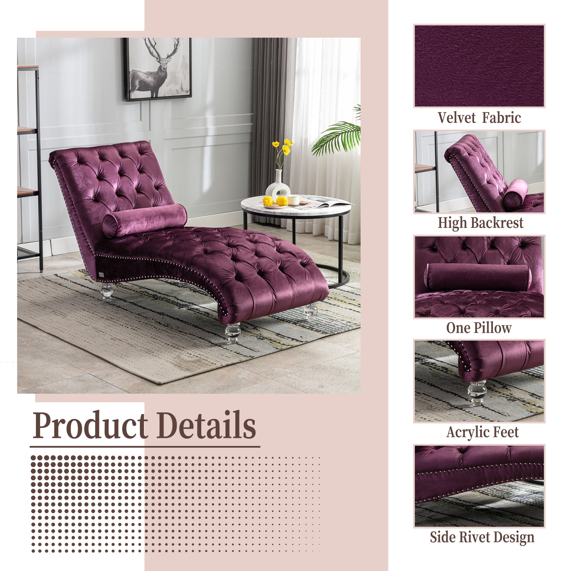 Velvet Chaise Lounge Indoor, Button-Tufted Upholstered Chaise Lounge Chair with Pillow for Bedroom Living Room Office, Purple Velvet - Grand Goldman Shop