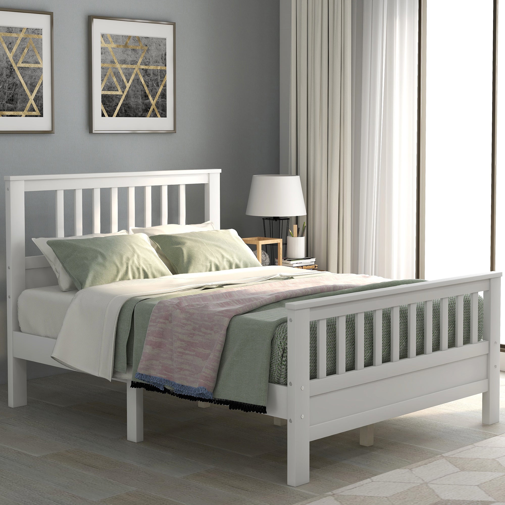 White Pine Wood Platform Bed with Paneled Headboard and Footboard, Full Size - Grand Goldman Shop