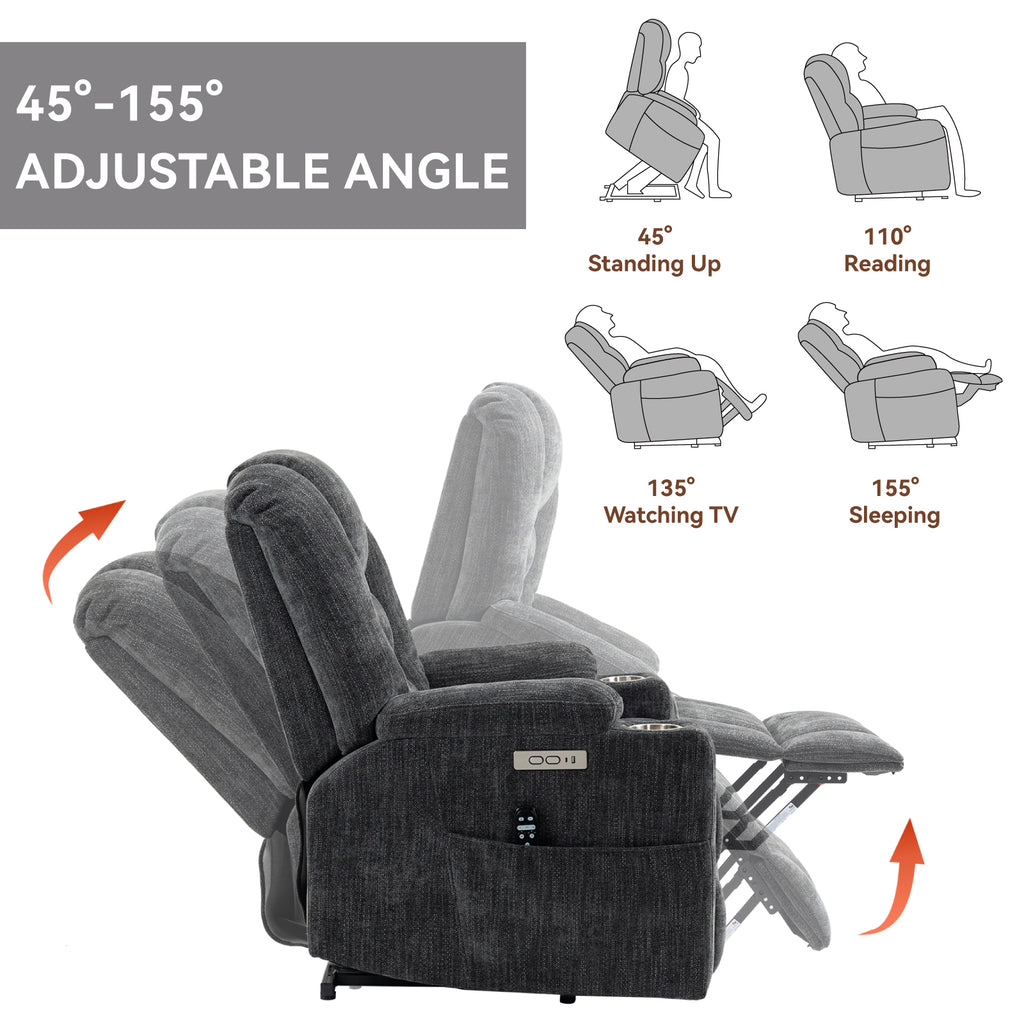 EMON'S Large Power Lift Recliner Chair with Massage and Heat for Elderly, Overstuffed Wide Recliners, Heavy Duty Motion Mechanism with USB and Type C Ports, 2 Steel Cup Holders, Gray - Grand Goldman Shop