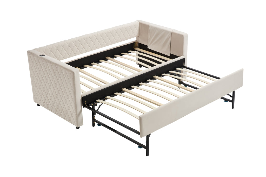 Beige velvet daybed, sturdy wooden bed frame, modern diamond grid pull-out design, perfect for bedroom, living room furniture - Grand Goldman Shop
