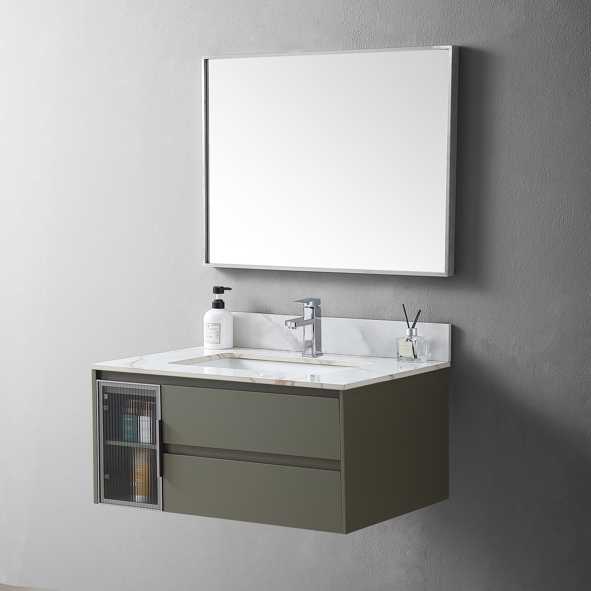 Montary 31inch bathroom stone vanity top carrara gold color with undermount ceramic sink and single faucet hole with backsplash - Grand Goldman Shop