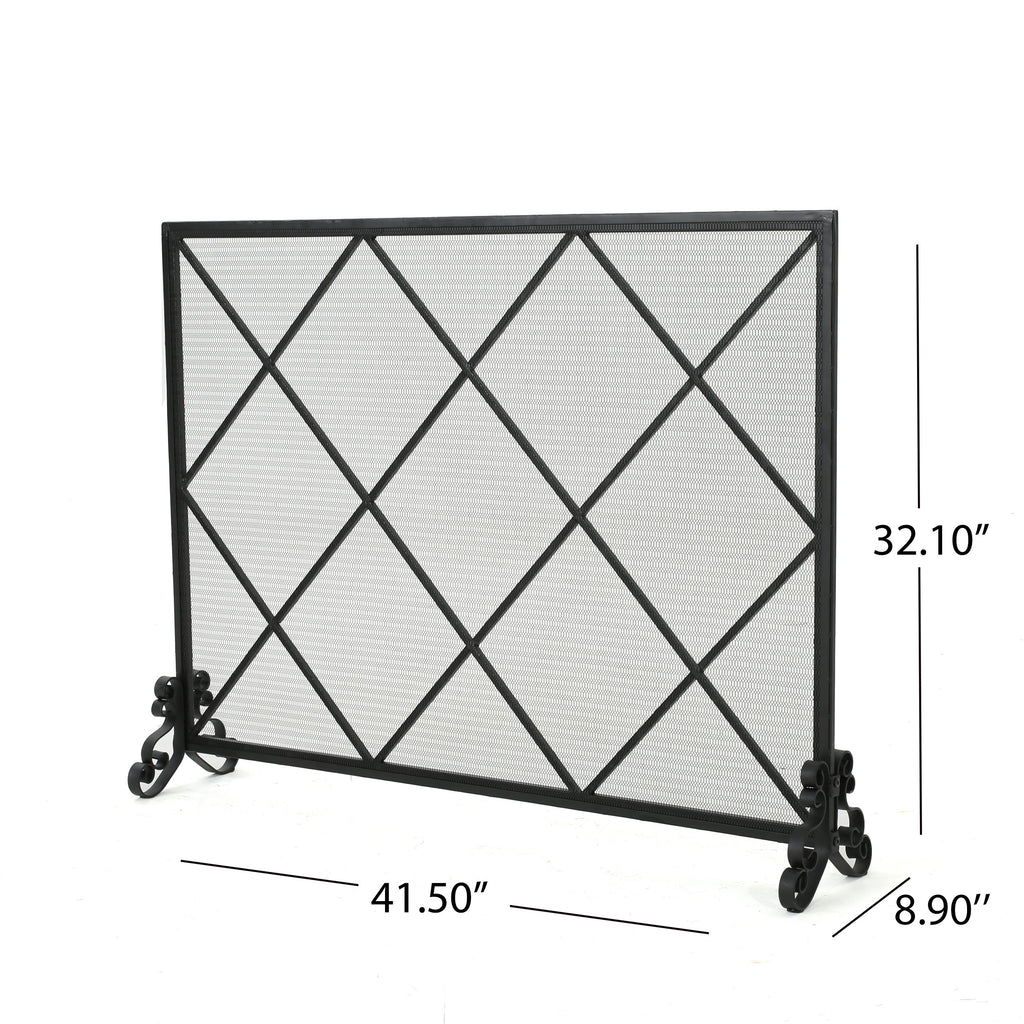 Minimalist Single Panel Iron Fireplace Screen with Diamond Design in Black - Grand Goldman Shop