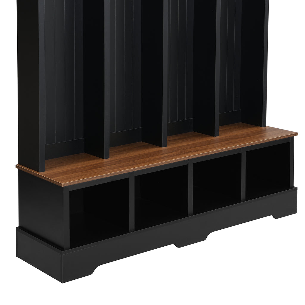 Farmhouse Hall Tree with 8 Hooks, Practical Entryway Bench with Open Compartments, 76.7'H Modern 3-in-1 Wooden Style Coat and Shoe Rack for Mudroom, Living Room, Black (OLD SKU: N721P292601B) - Grand Goldman Shop