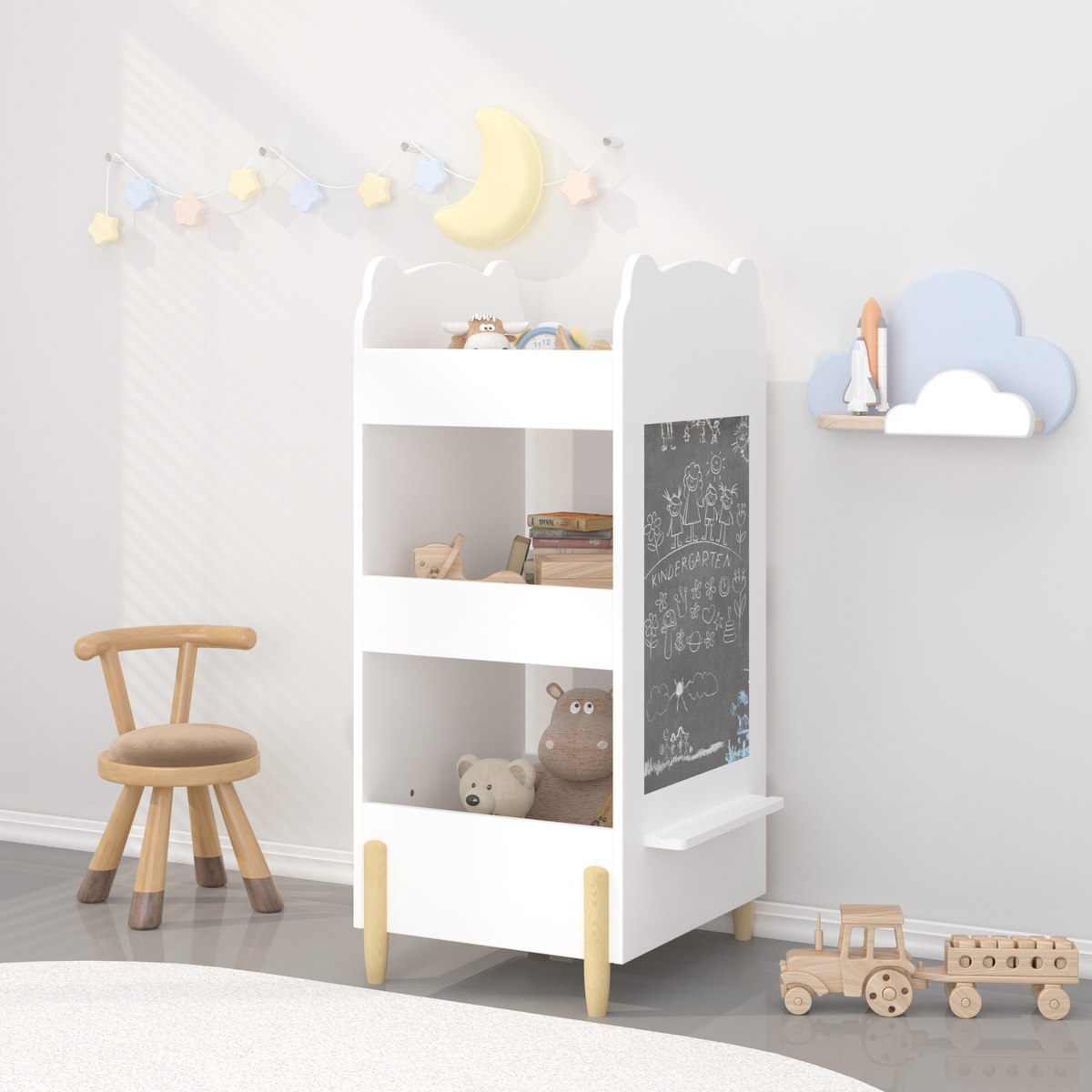 Kids Bookshelf with Chalkboard Side – Bear-Shaped Wooden Bookcase with 3-Tier Storage, Drawing Board for Toddlers, Toy and Bo