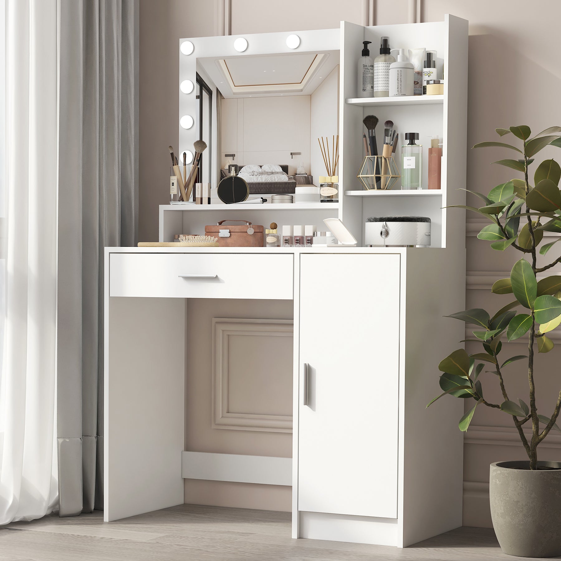 Vanity Desk with Mirror & Light, Large Drawer Three Level Storage Dresser, 3 Lighting Modes Adjustable Brightness, Bedroom Dressing Table(white) - Grand Goldman Shop