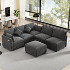 Stylish Modular U-Shaped Sectional Sofa with USB Ports, Black Chenille, 86.6' - Grand Goldman Shop