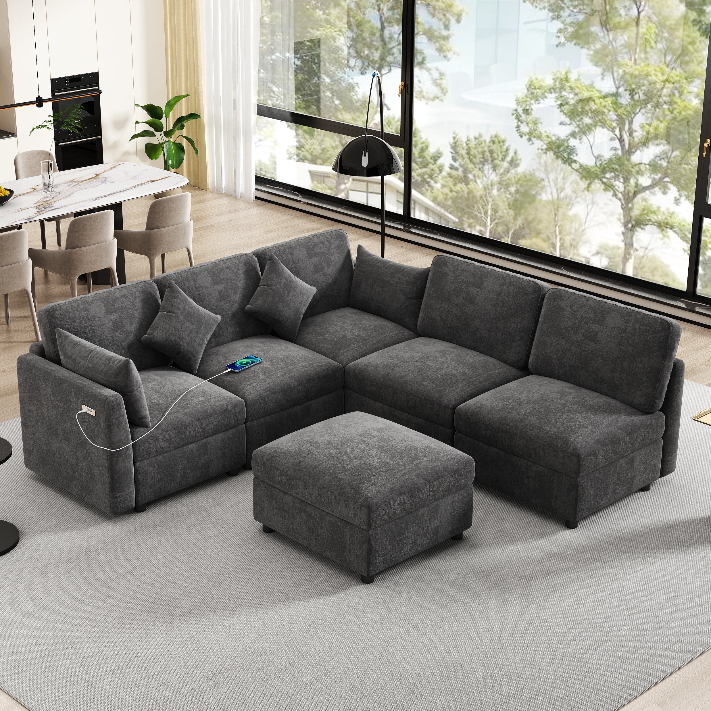 Stylish Modular U-Shaped Sectional Sofa with USB Ports, Black Chenille, 86.6' - Grand Goldman Shop