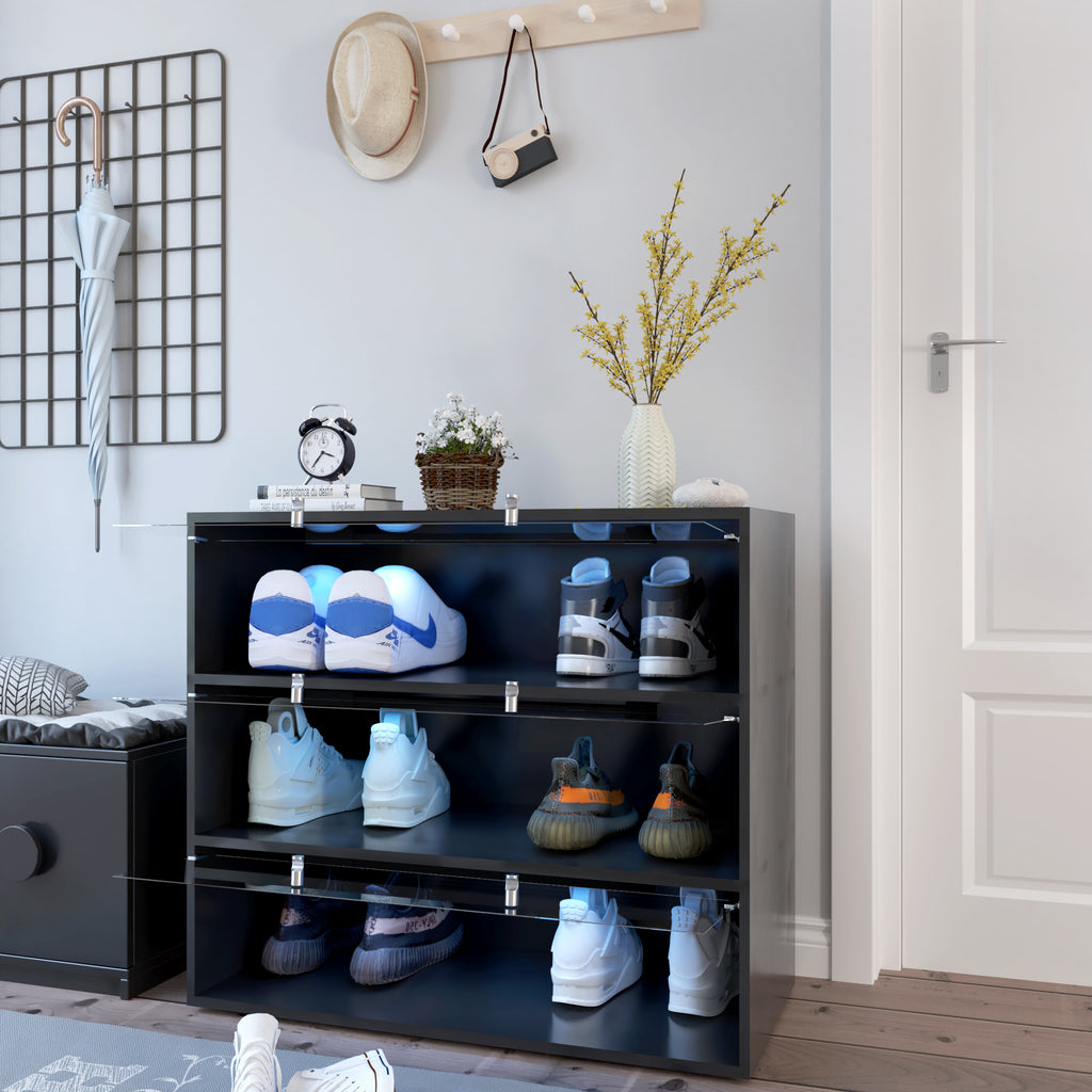Black Glass Door Shoe Box Shoe Storage Cabinet  With RGB Led Light - Grand Goldman Shop