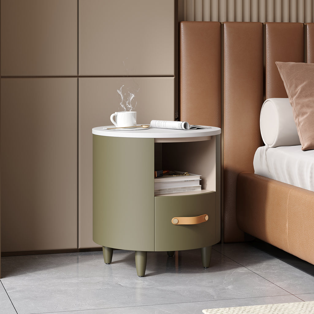 Contemporary & Modern Round Nightstand with Storage Drawer, Sofa End Table with Open Storage Shelf, Bedside Table with Curved Design for Living Room & Bedroom, Easy Assembly, Green - Grand Goldman Shop