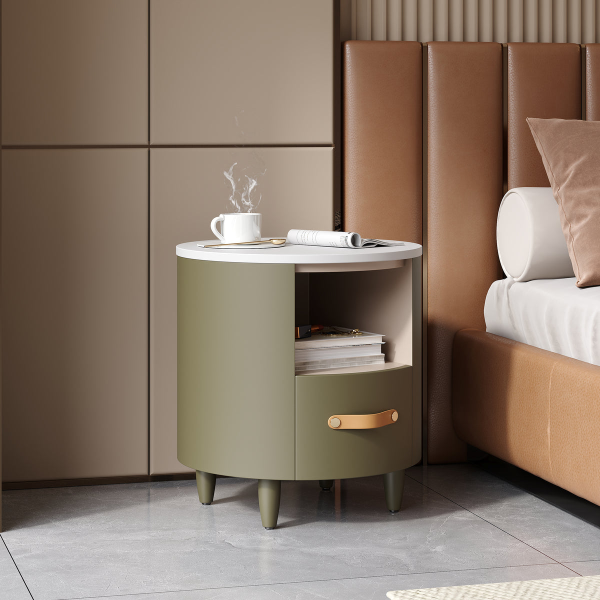 Contemporary & Modern Round Nightstand with Storage Drawer, Sofa End Table with Open Storage Shelf, Bedside Table with Curved Design for Living Room & Bedroom, Easy Assembly, Green - Grand Goldman Shop