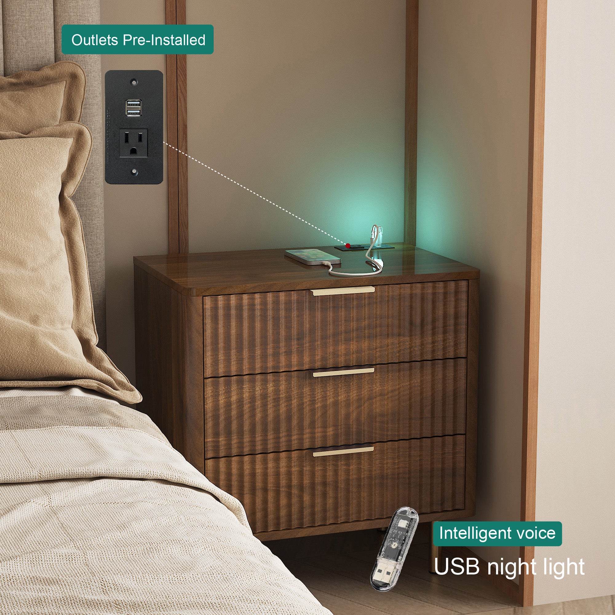 Nightstand with Charging Station, Smart Nightstand with Night Light, Modern Night Stand with Storage Cabinet for Bedroom, Wood - Grand Goldman Shop