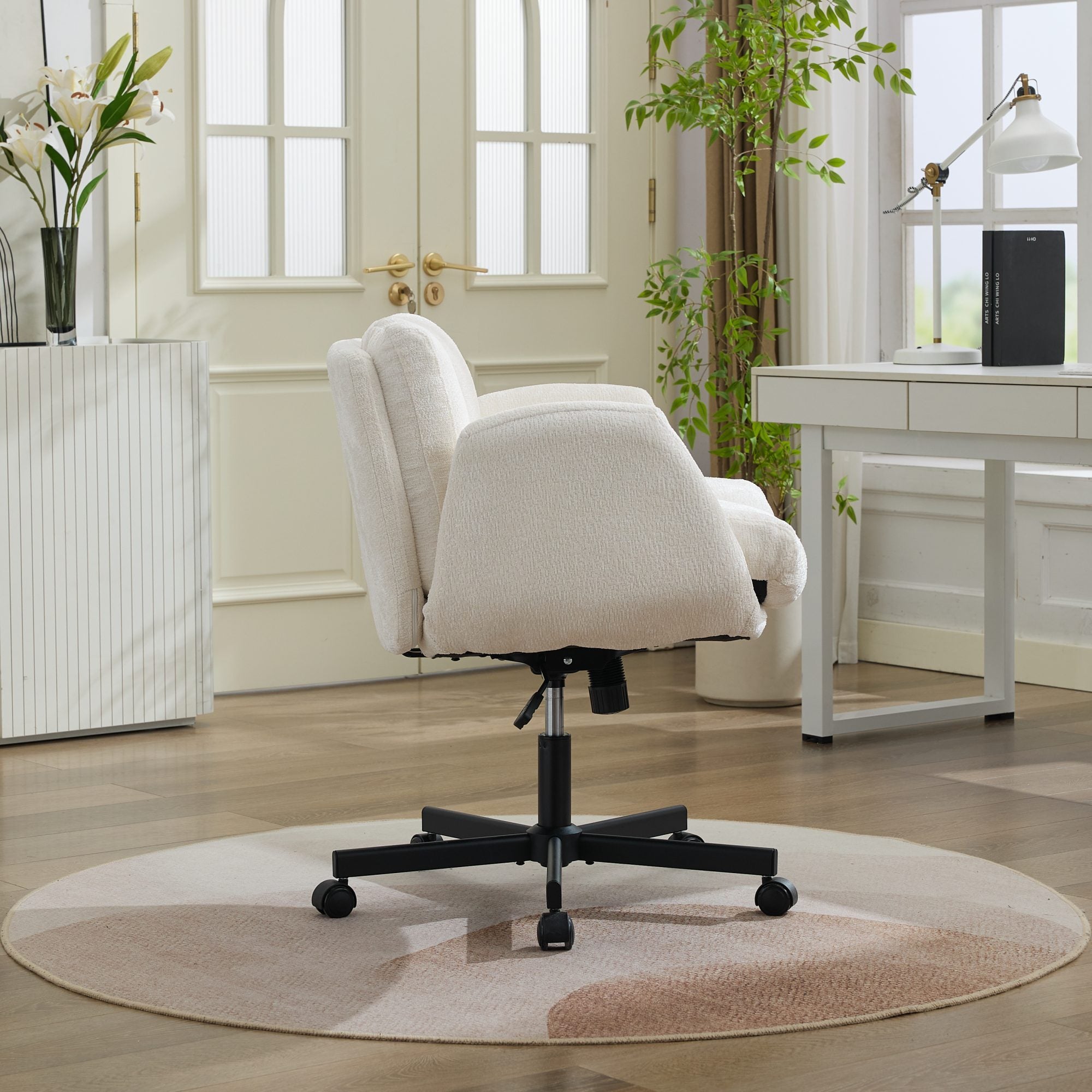 Modern Chenille Swivel Office Chair, Height Adjustable Task Chair with Convertible Multi-Position Armrests,Comfy Double Cushi