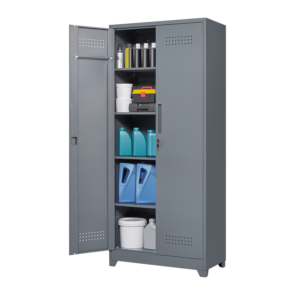 Gray And White Color Metal Lockers, Cleaning Tool Cabinets With Locking Doors, High Broom Tool Storage Cabinets, Adjustable S