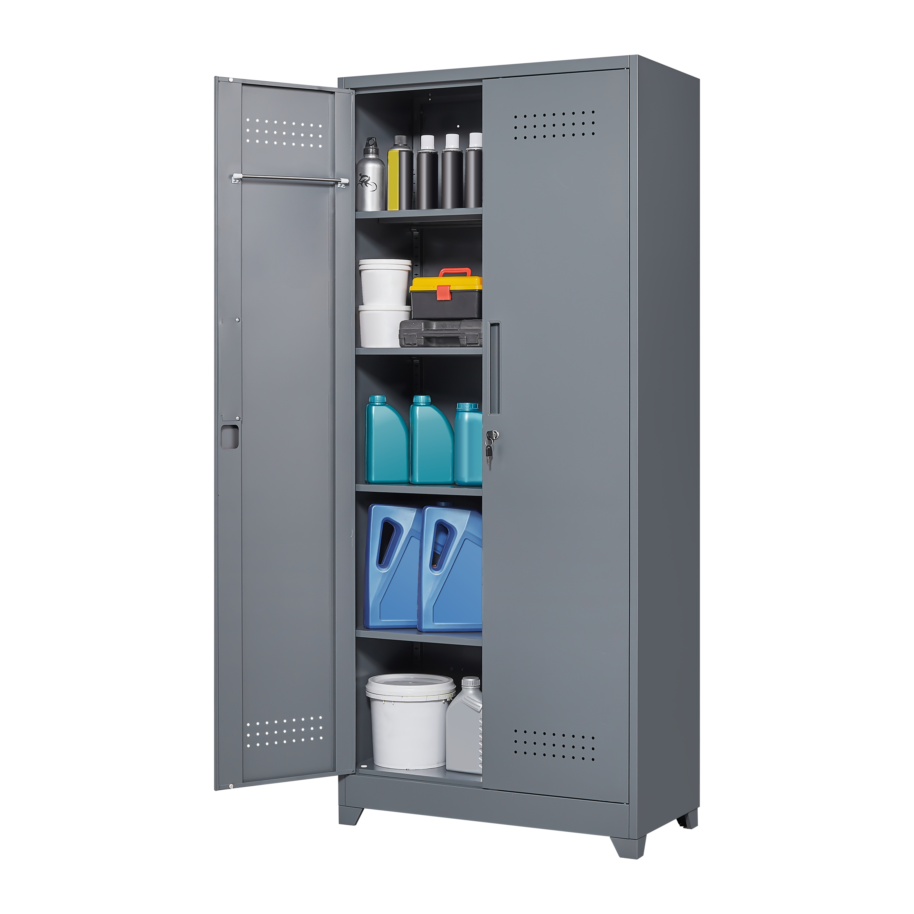 Gray And White Color Metal Lockers, Cleaning Tool Cabinets With Locking Doors, High Broom Tool Storage Cabinets, Adjustable S