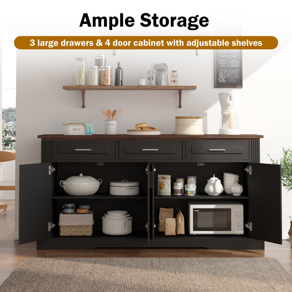Black Fluted Sideboard Buffet Cabinet with 4 Doors and 3 Drawers, Modern Wood Kitchen Storage Console Table for Living Room Dining Room Entryway, 63' - Grand Goldman Shop
