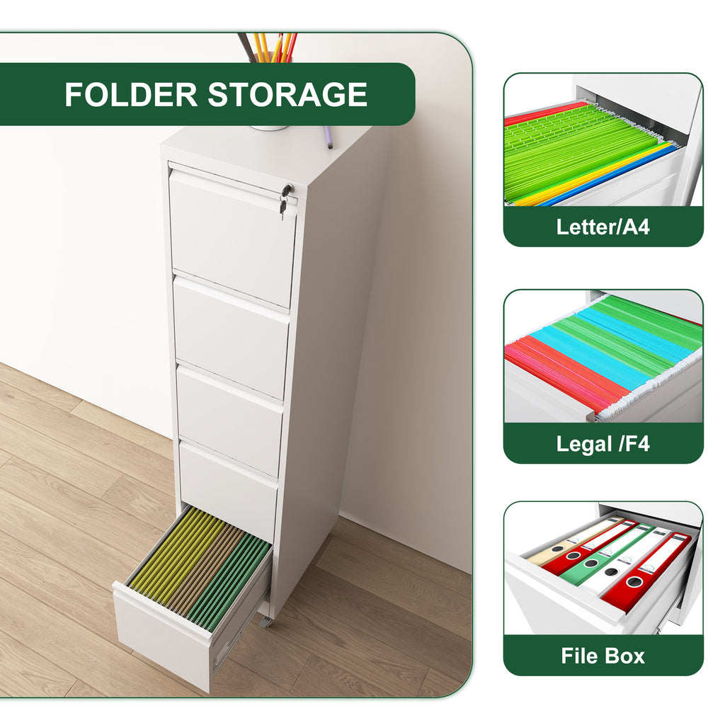 Heavy Duty 5 Drawer Metal Vertical File Cabinet with Lock and Wheels for Home Office, White, 17.72'D x 14.96'W x 64.21'H | Pr