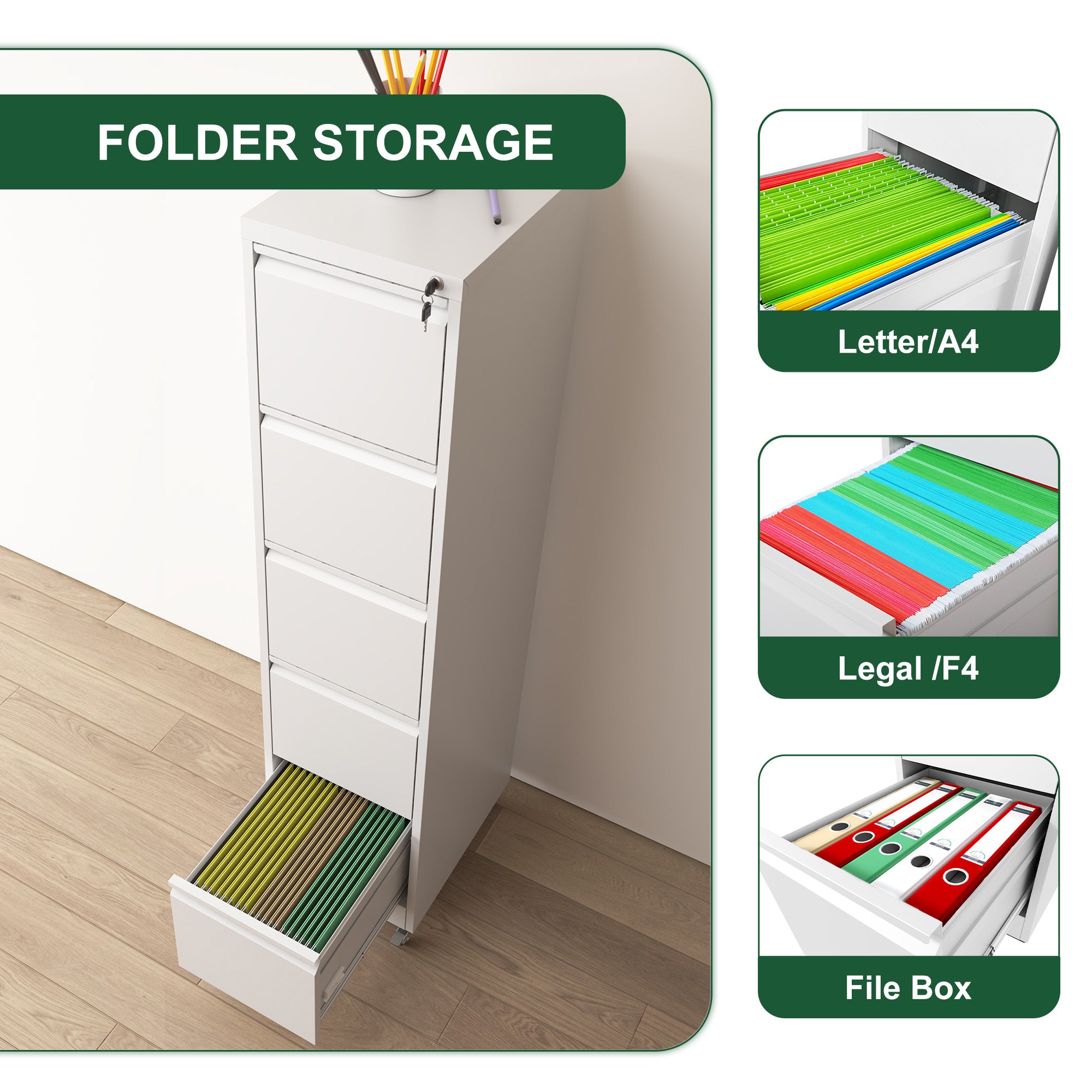 Heavy Duty 5 Drawer Metal Vertical File Cabinet with Lock and Wheels for Home Office, White, 17.72'D x 14.96'W x 64.21'H | Pr